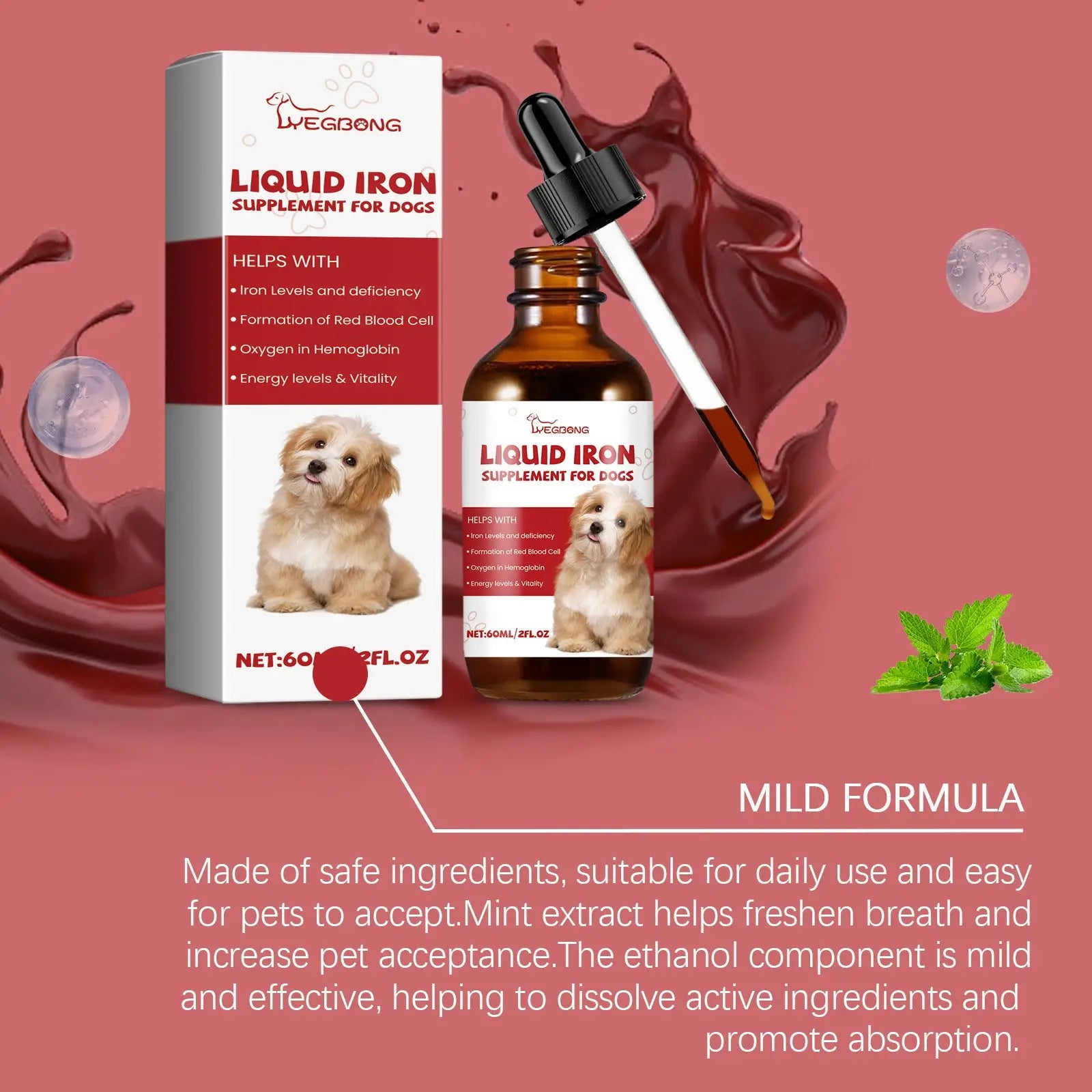 Brown glass bottle with black dropper cap and white label showing dog image containing liquid iron supplement for dogs