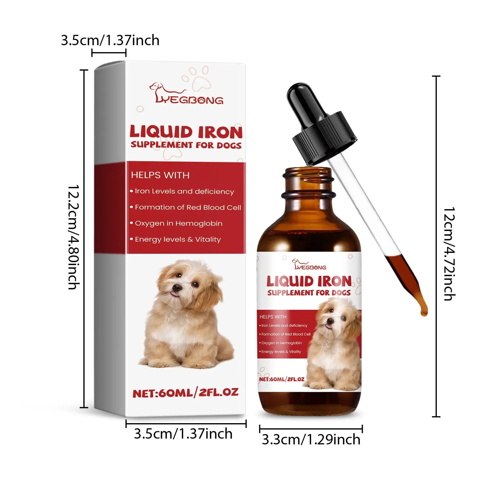 Brown glass bottle with black dropper cap and white label featuring a dog image labeled liveg bong liquid iron supplement for dogs