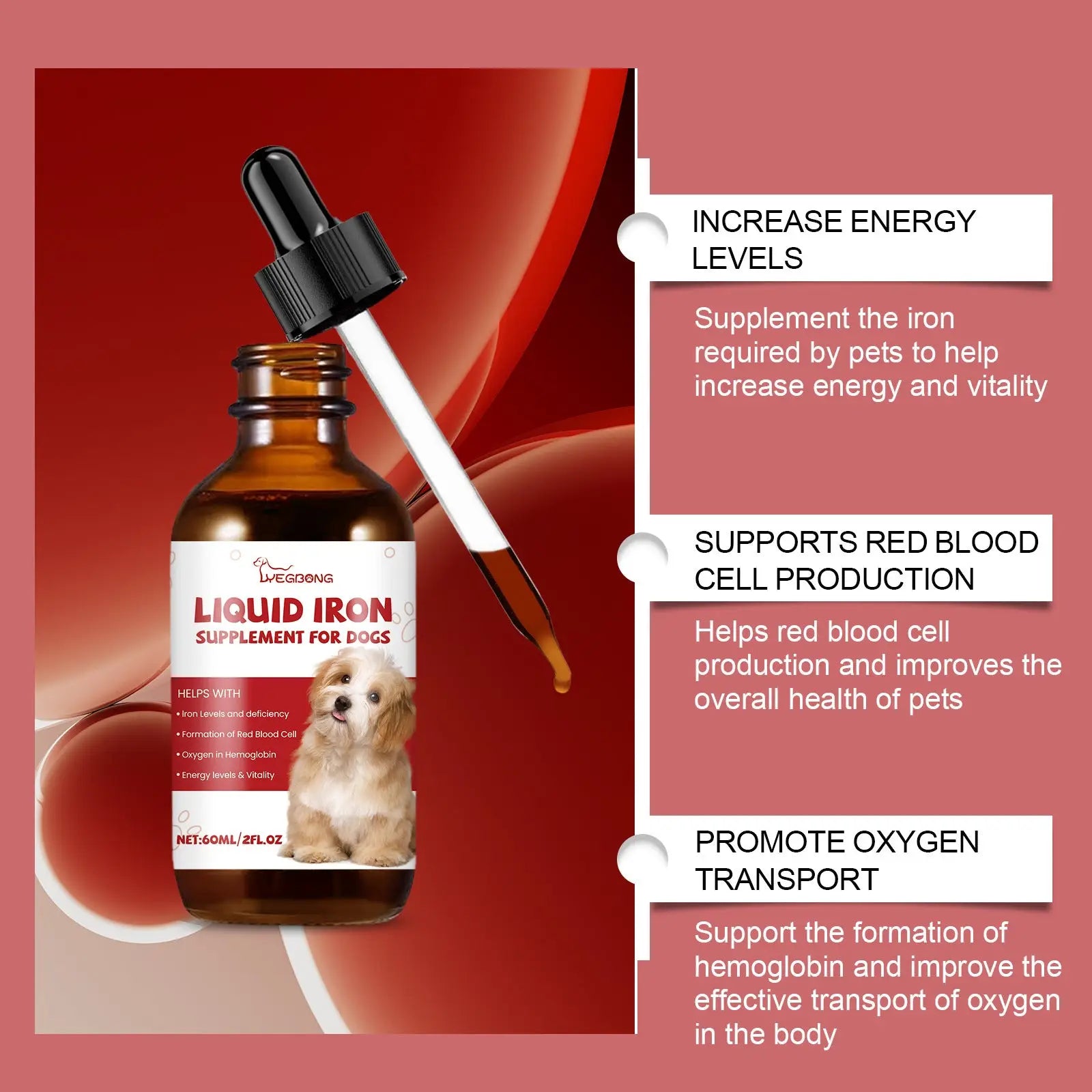 Amber glass liquid iron supplement bottle with black dropper cap and puppy label for dogs by VeggOn 60ml