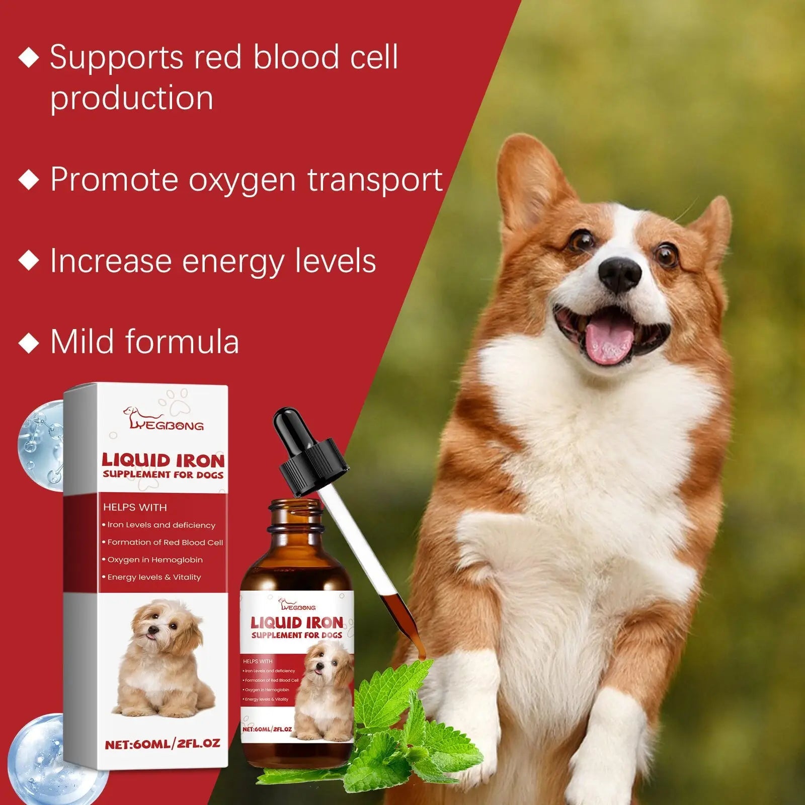 Brown glass bottle with black dropper cap and white label livegong liquid iron supplement for dogs 60ml with mint extract