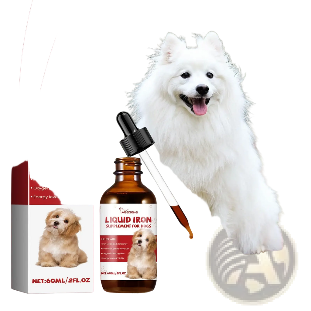 Amber glass bottle with black dropper cap labeled livegong liquid iron supplement for dogs with mint extract 60ml