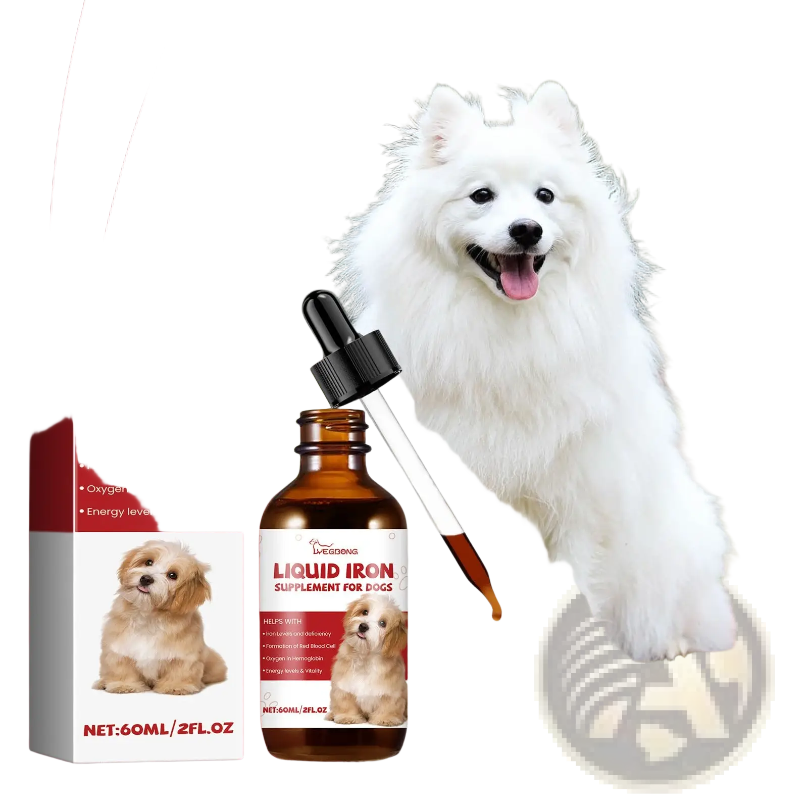 Amber glass bottle with black dropper cap labeled livegong liquid iron supplement for dogs with mint extract 60ml