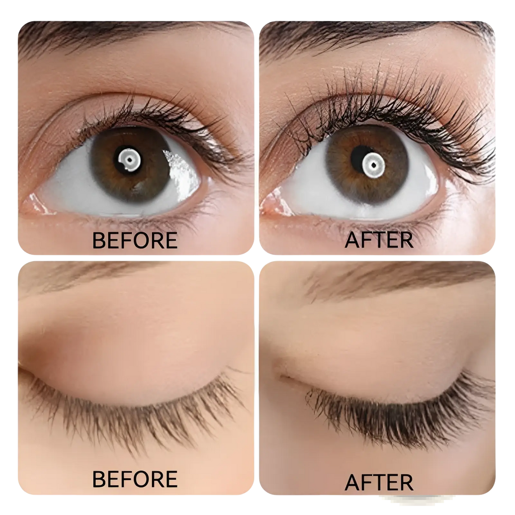 Before and after comparison of eyes with dramatic lashes enhanced by liquid lash extensions waterproof mascara teal