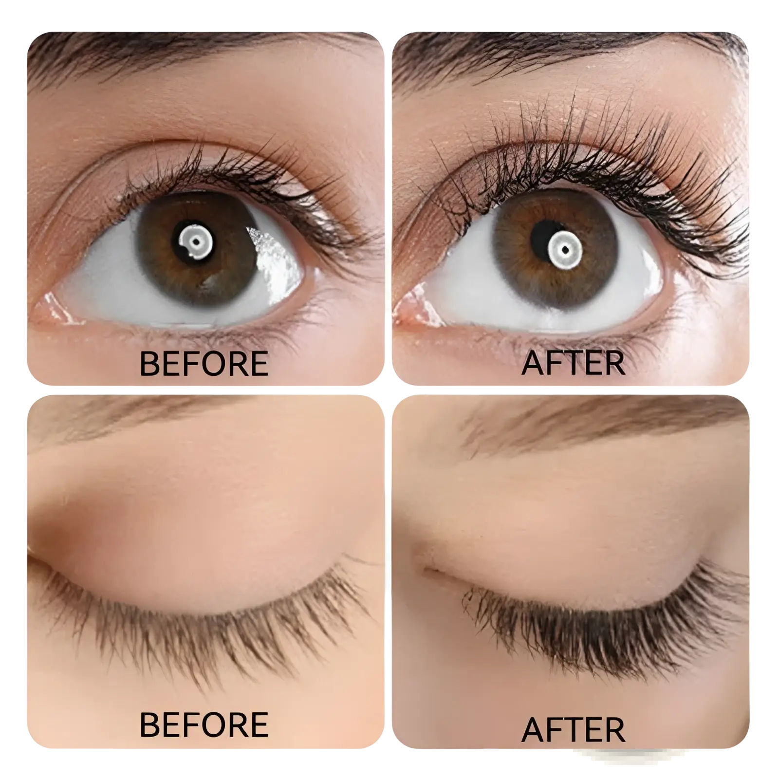Before and after comparison of eyes with dramatic lashes enhanced by liquid lash extensions waterproof mascara teal