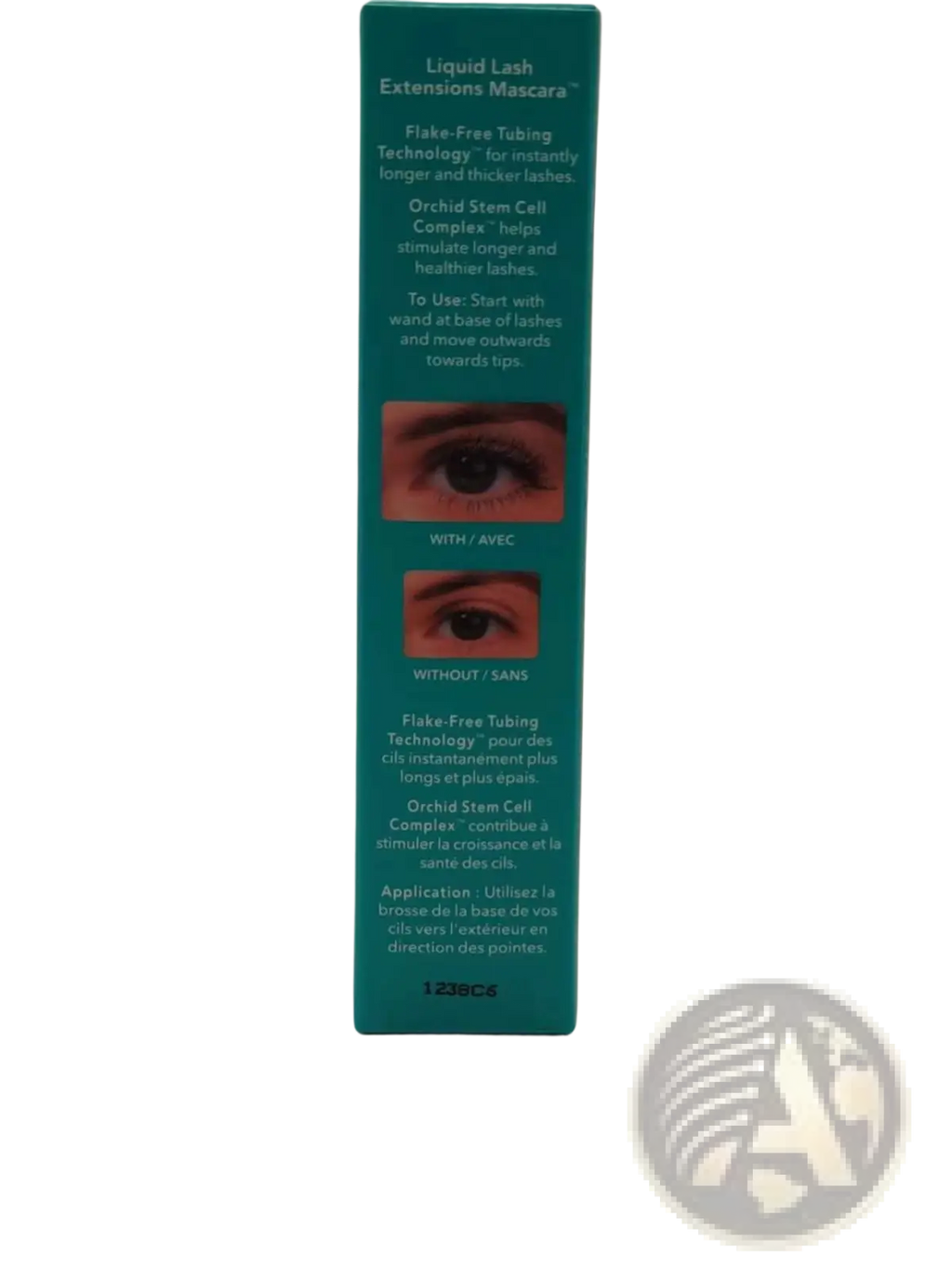 Teal rectangular box for liquid lash extensions waterproof mascara featuring text and before and after eye illustrations