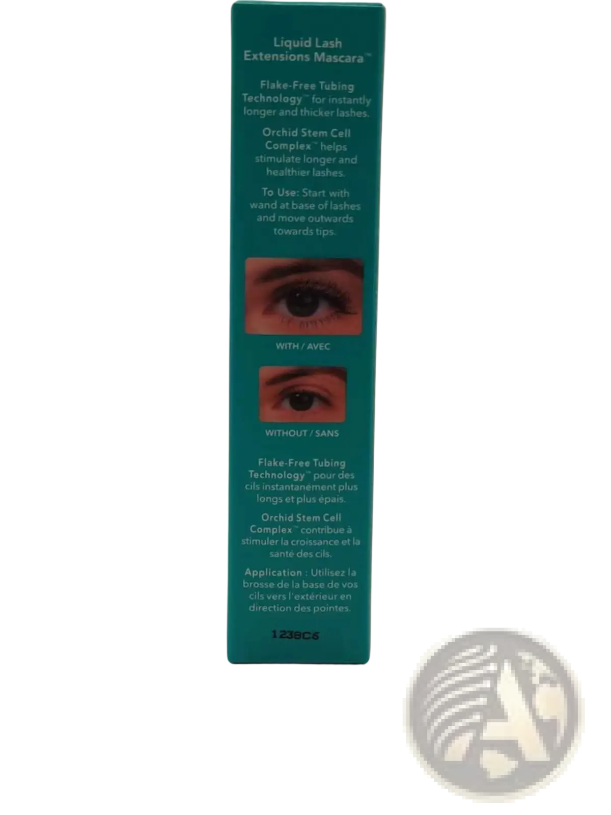 Teal rectangular box for liquid lash extensions waterproof mascara featuring text and before and after eye illustrations