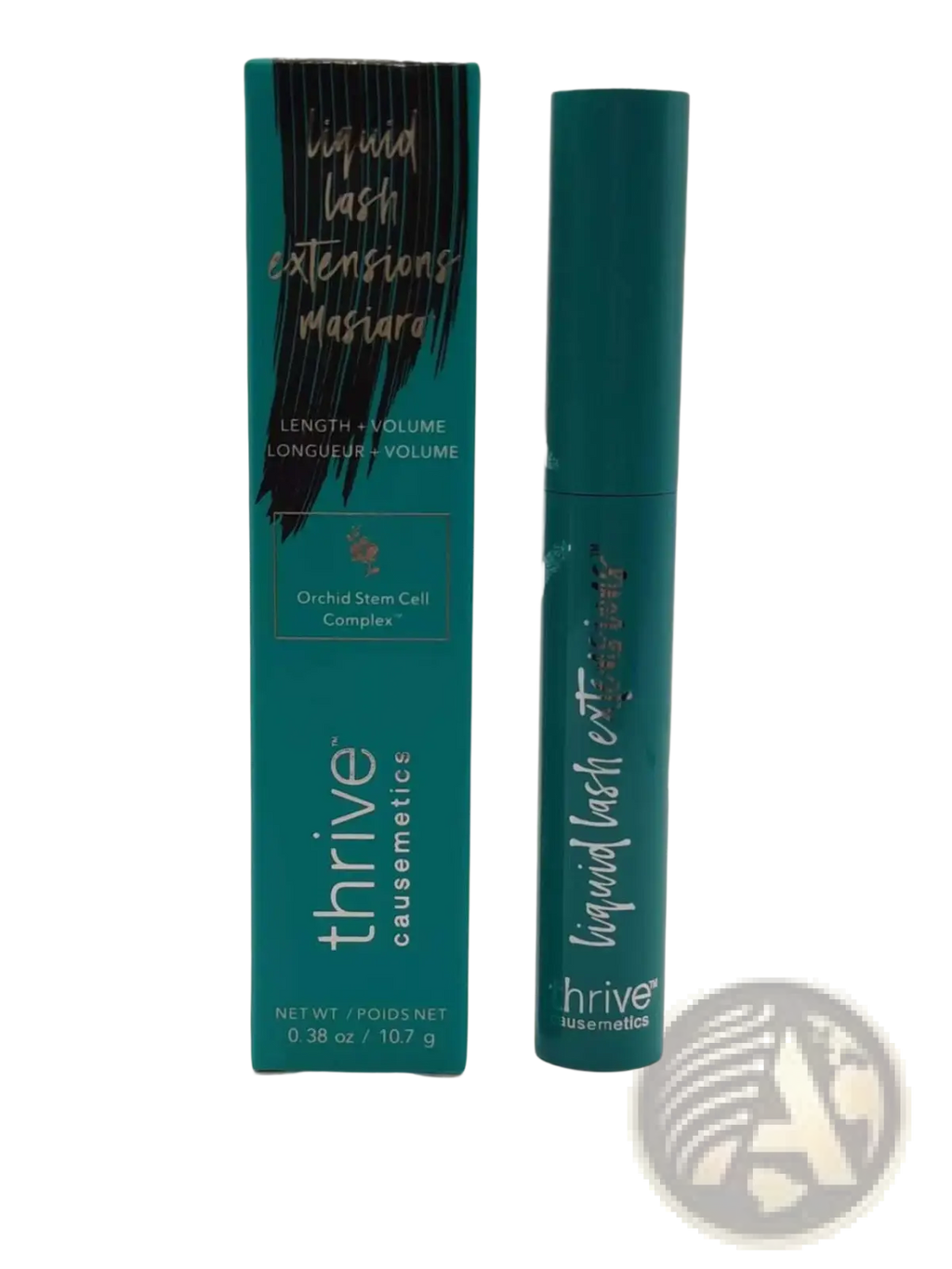 Teal-colored cylindrical tube of thrive causemetics liquid lash extensions waterproof mascara
