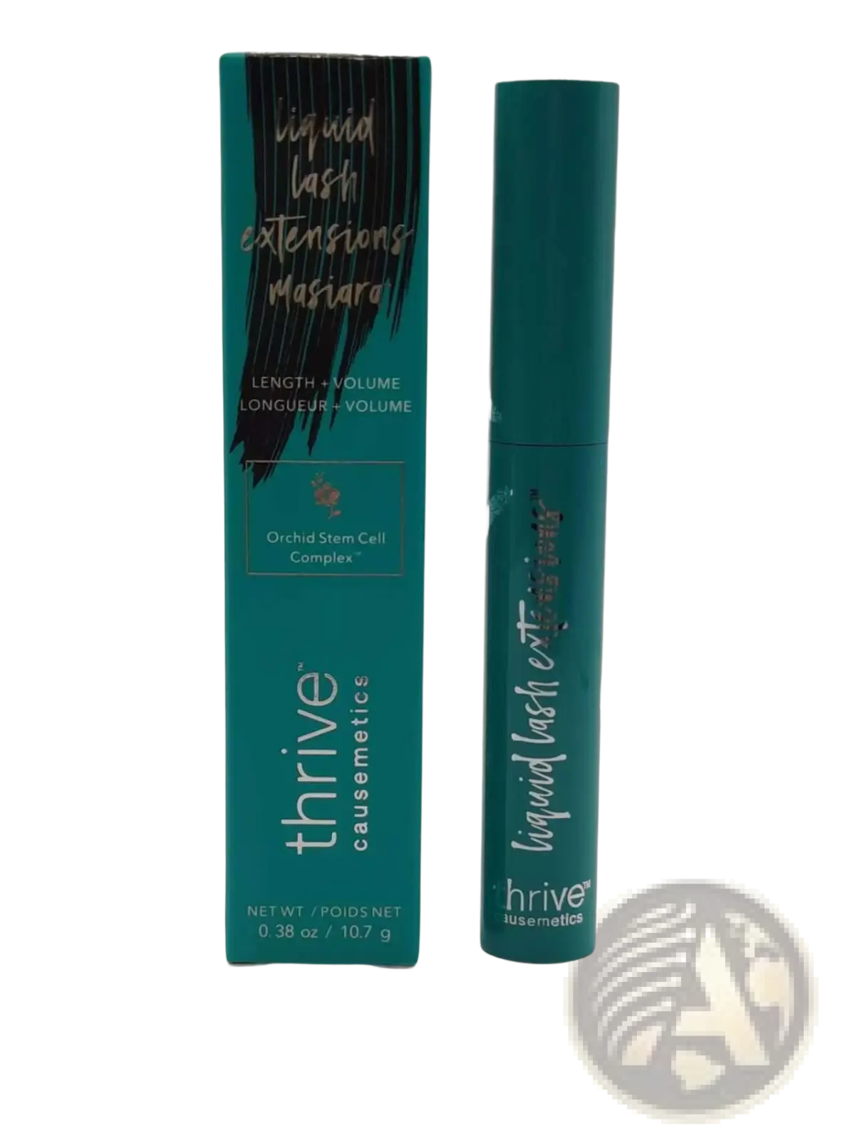 Teal-colored cylindrical tube of thrive causemetics liquid lash extensions waterproof mascara