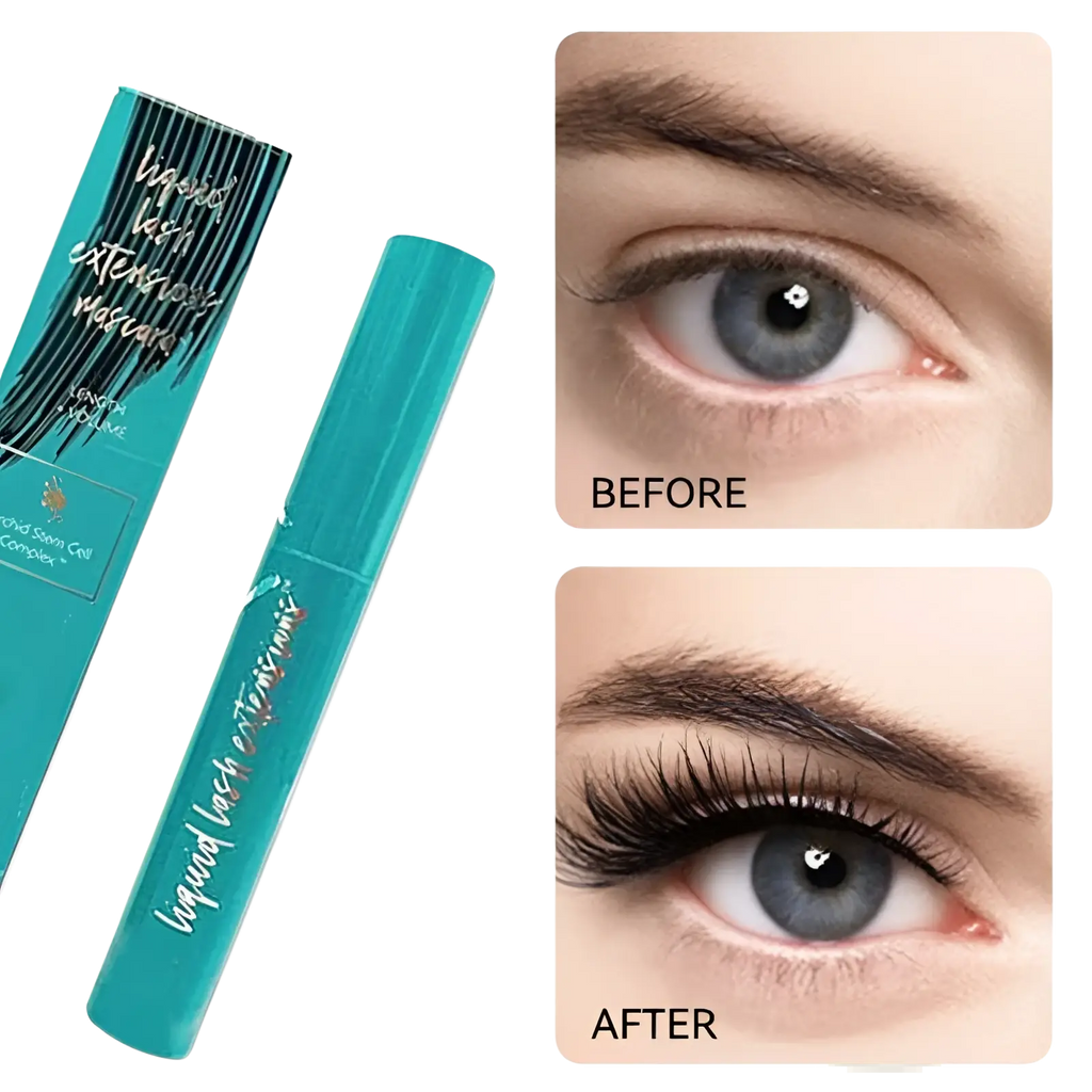 Teal liquid lash extensions waterproof mascara tube with black and white text on packaging for long-lasting wear