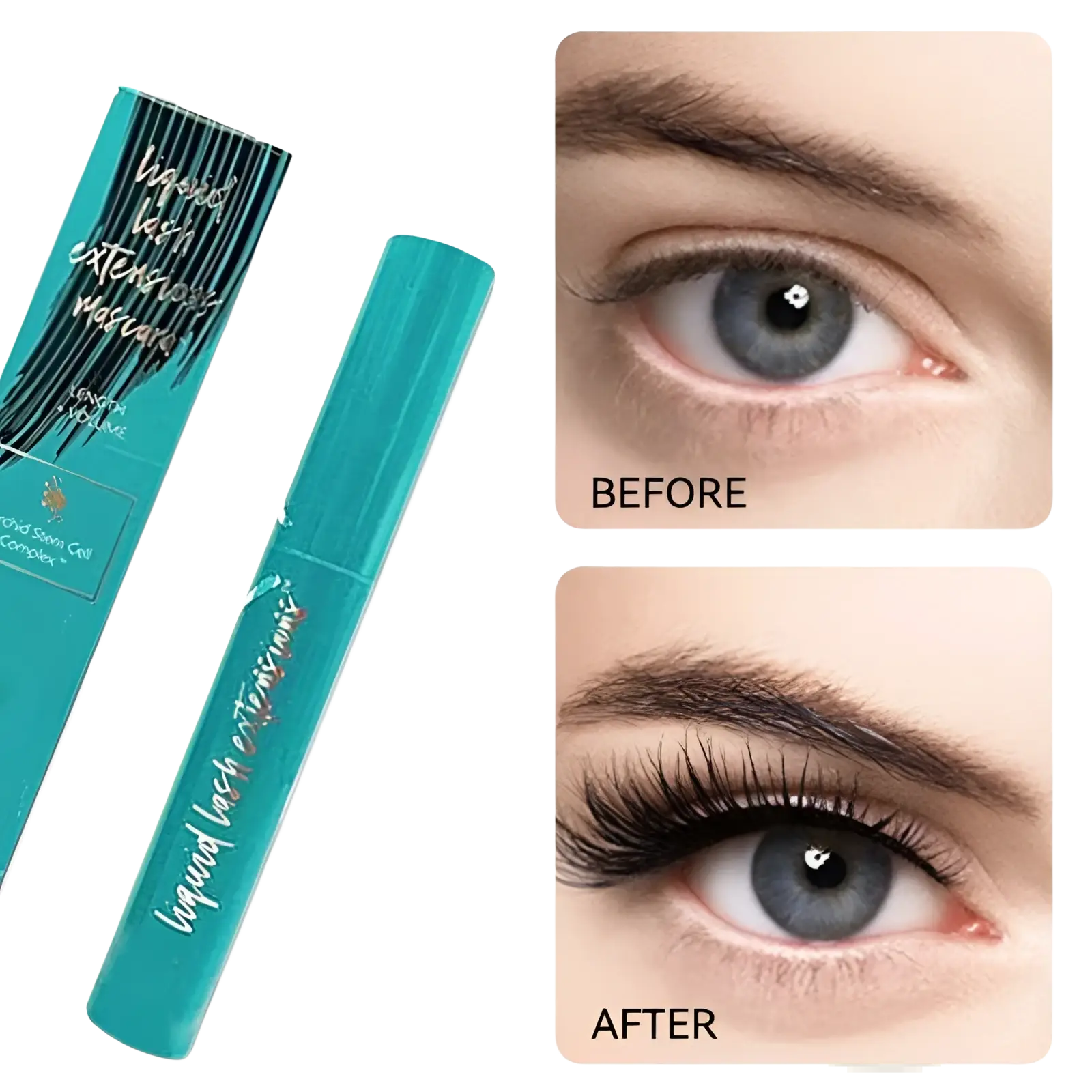 Teal liquid lash extensions waterproof mascara tube with black and white text on packaging for long-lasting wear