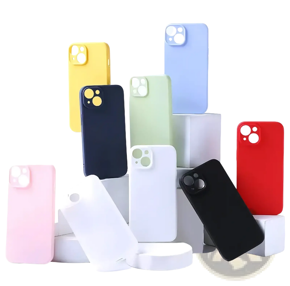 A collection of colorful matte finish liquid silicone iphone cases in pastel and solid hues shown from the back side