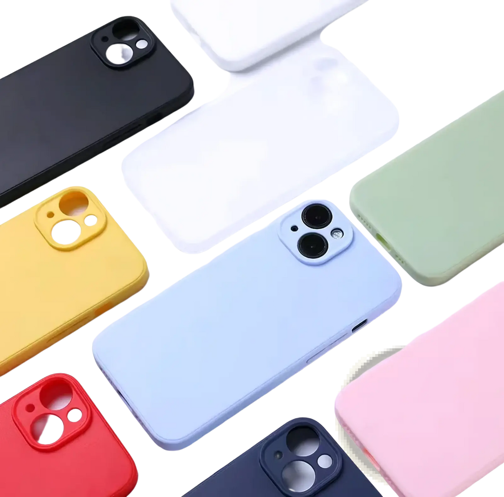A collection of liquid silicone iPhone cases in pastel and bold colors showing the back side with dual-camera cutouts