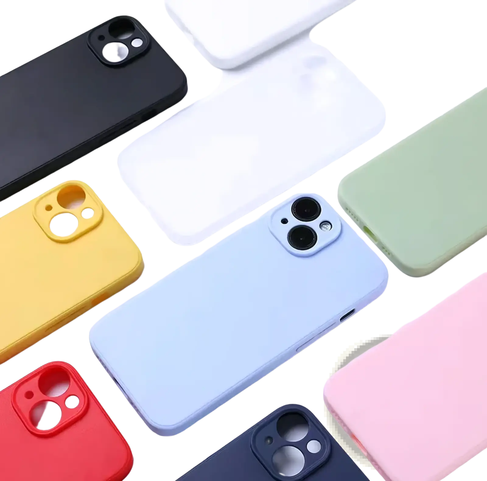 A collection of liquid silicone iPhone cases in pastel and bold colors showing the back side with dual-camera cutouts