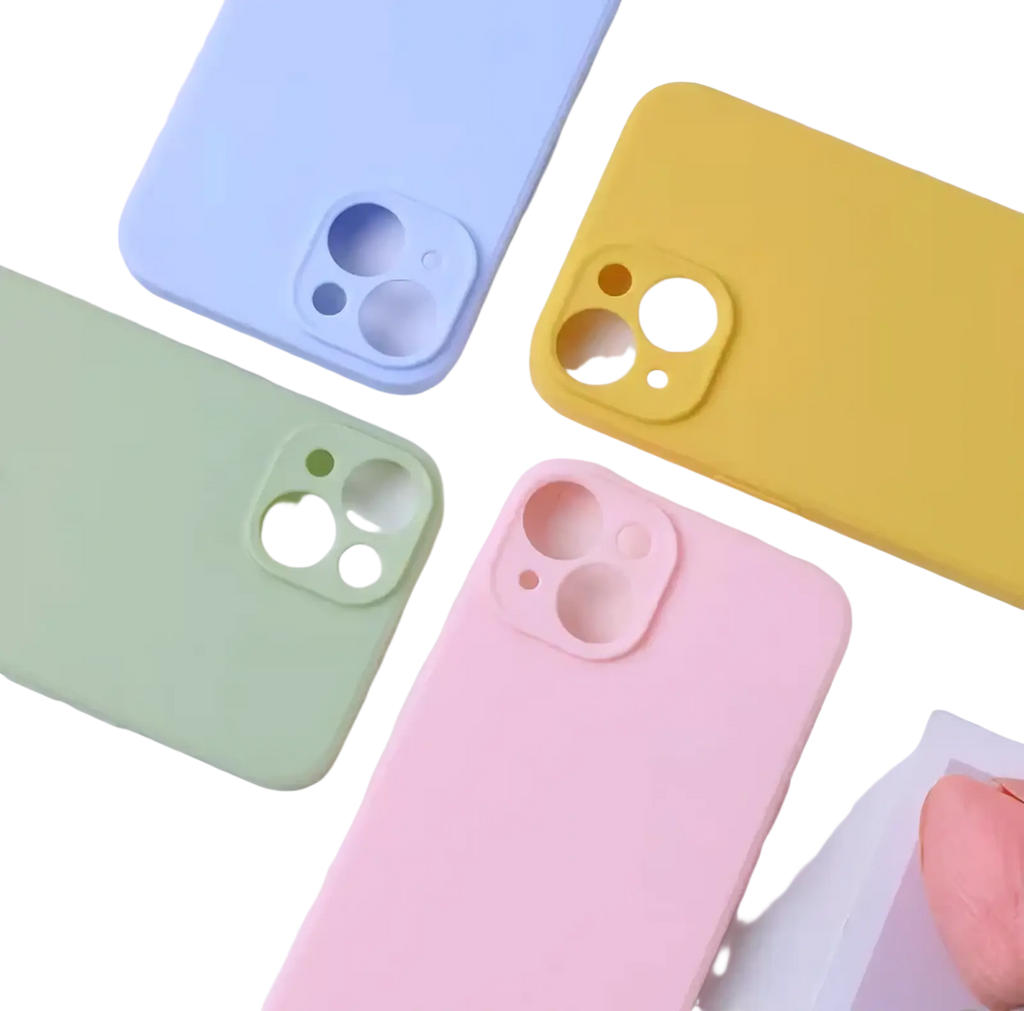 Pastel-colored liquid silicone iphone cases in soft blue yellow mint green and pink shown from the back side