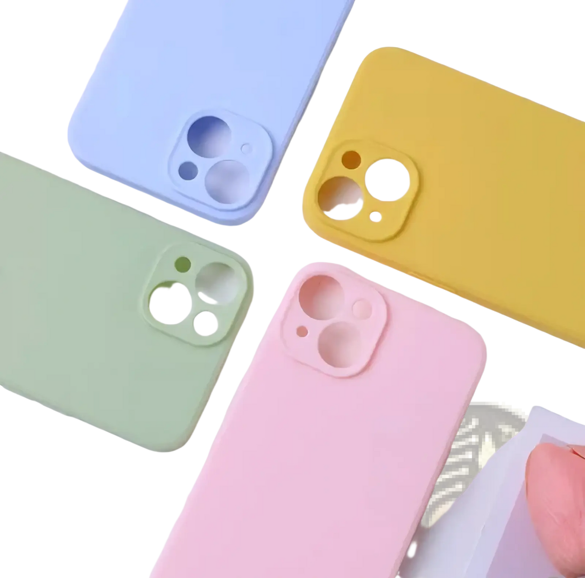 Pastel-colored liquid silicone iphone cases in soft blue yellow mint green and pink shown from the back side