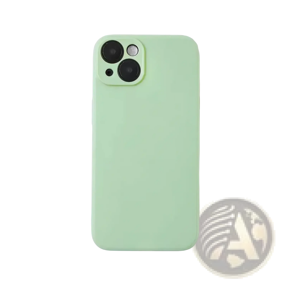 Back view of a sleek matte mint green liquid silicone iphone 13 case with triple camera cutout pastel soft cover