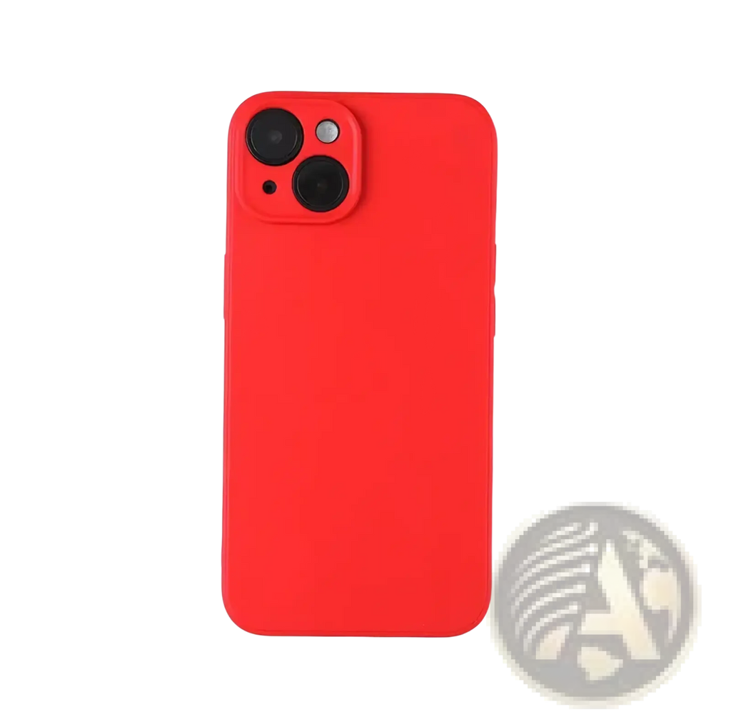 Vibrant red liquid silicone iPhone case with a smooth matte finish and precise camera cutout shown from the back side
