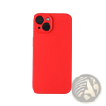 Vibrant red liquid silicone iPhone case with a smooth matte finish and precise camera cutout shown from the back side