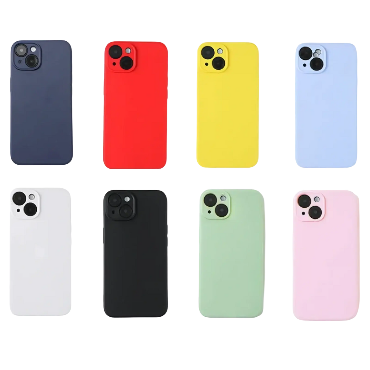 A set of eight liquid silicone iphone cases in pastel soft cover colors showing the back side of each case