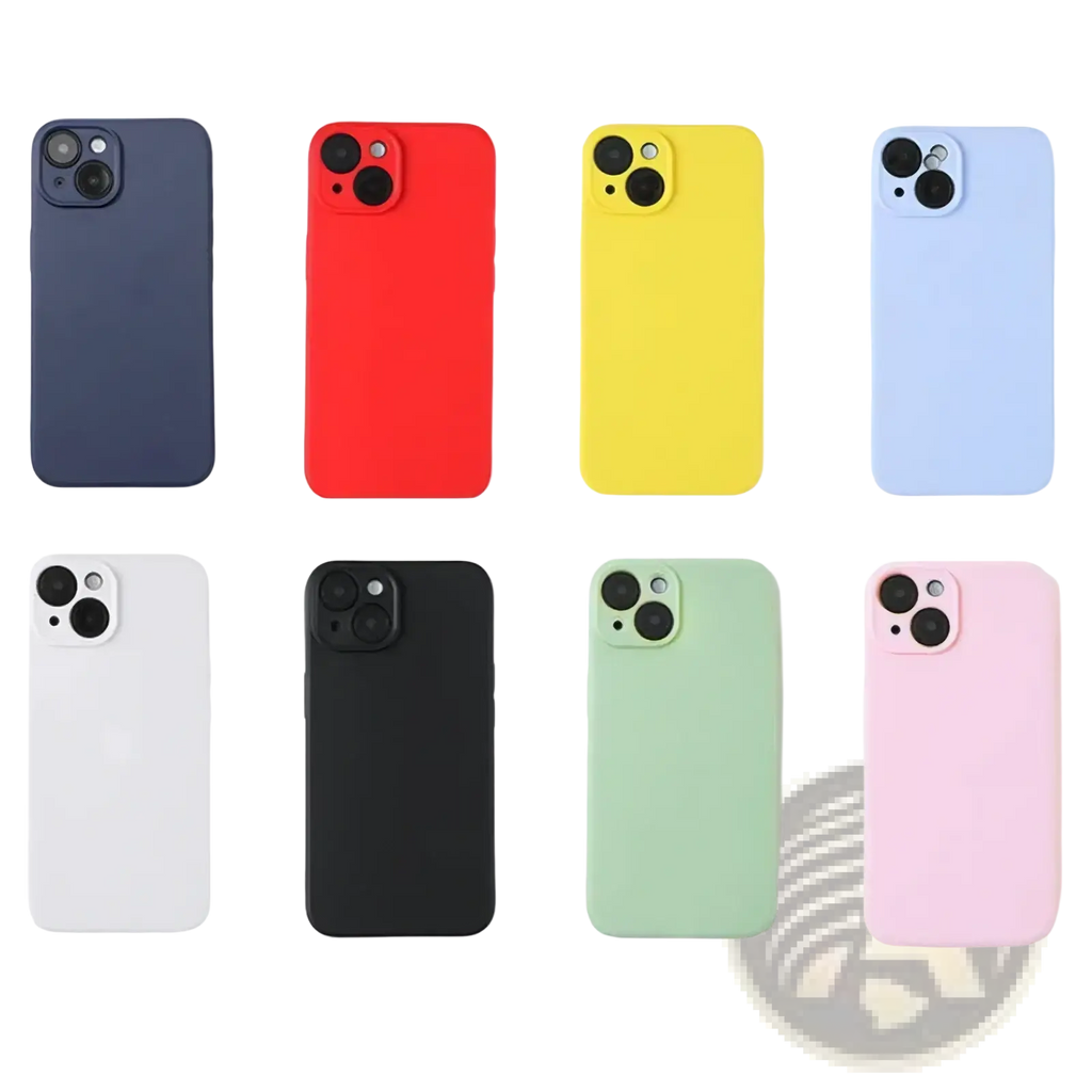 A set of eight liquid silicone iphone cases in pastel soft cover colors showing the back side of each case