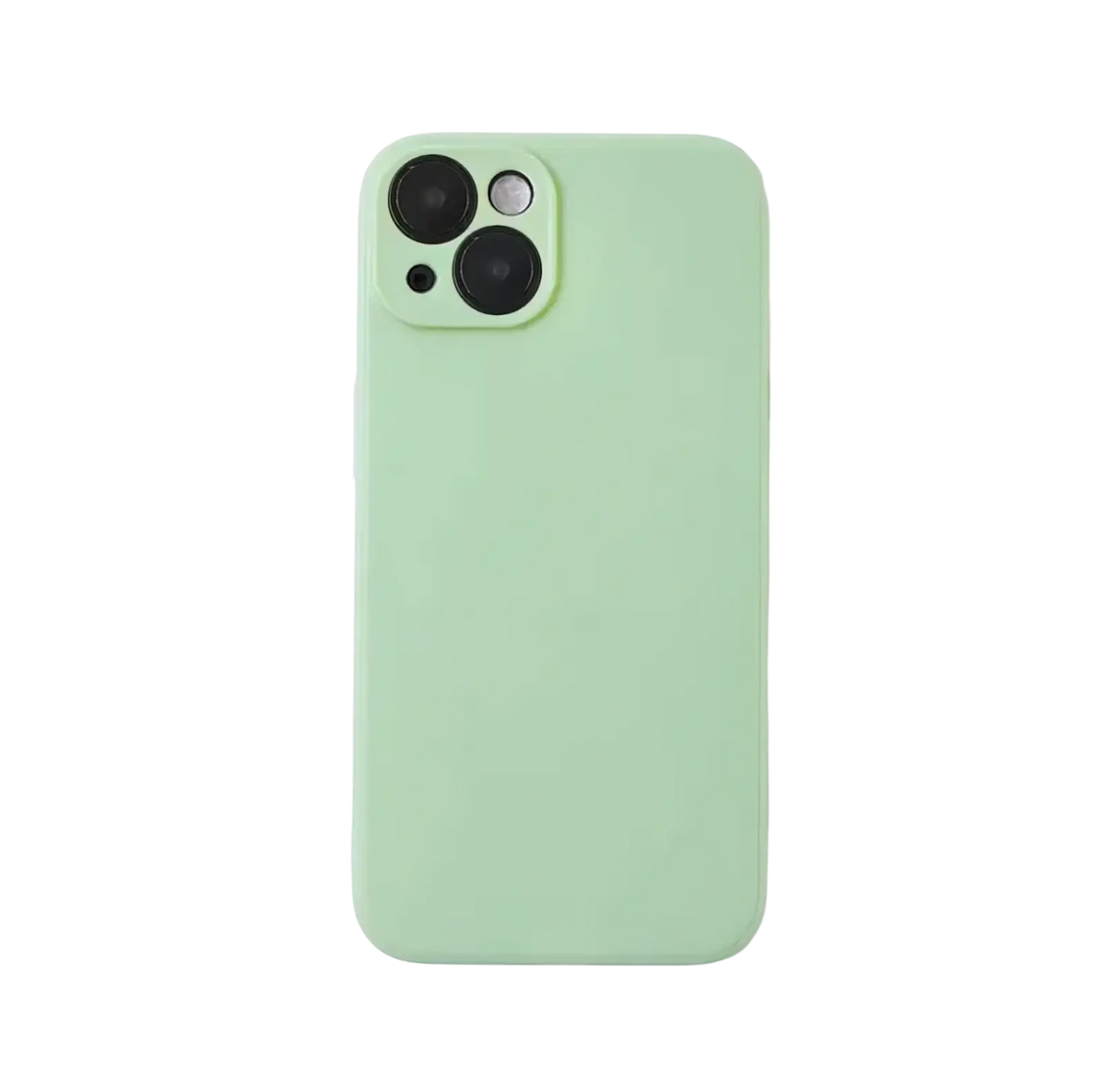 Back view of a sleek matte mint green liquid silicone iphone 13 case with triple camera cutout pastel soft cover
