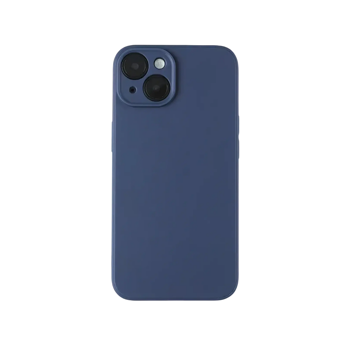 A sleek navy blue liquid silicone iphone case with a smooth matte finish shown from the back side