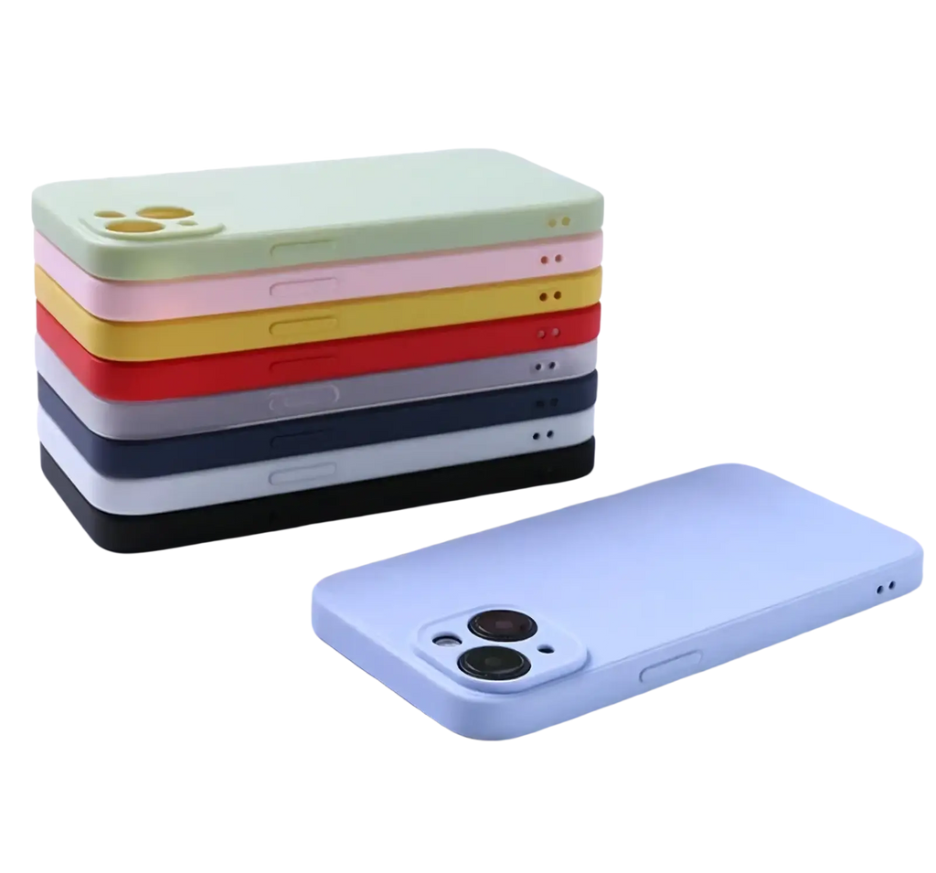 A stack of pastel-colored liquid silicone iPhone cases in soft mint, pink, yellow, and blue hues shown from the back side