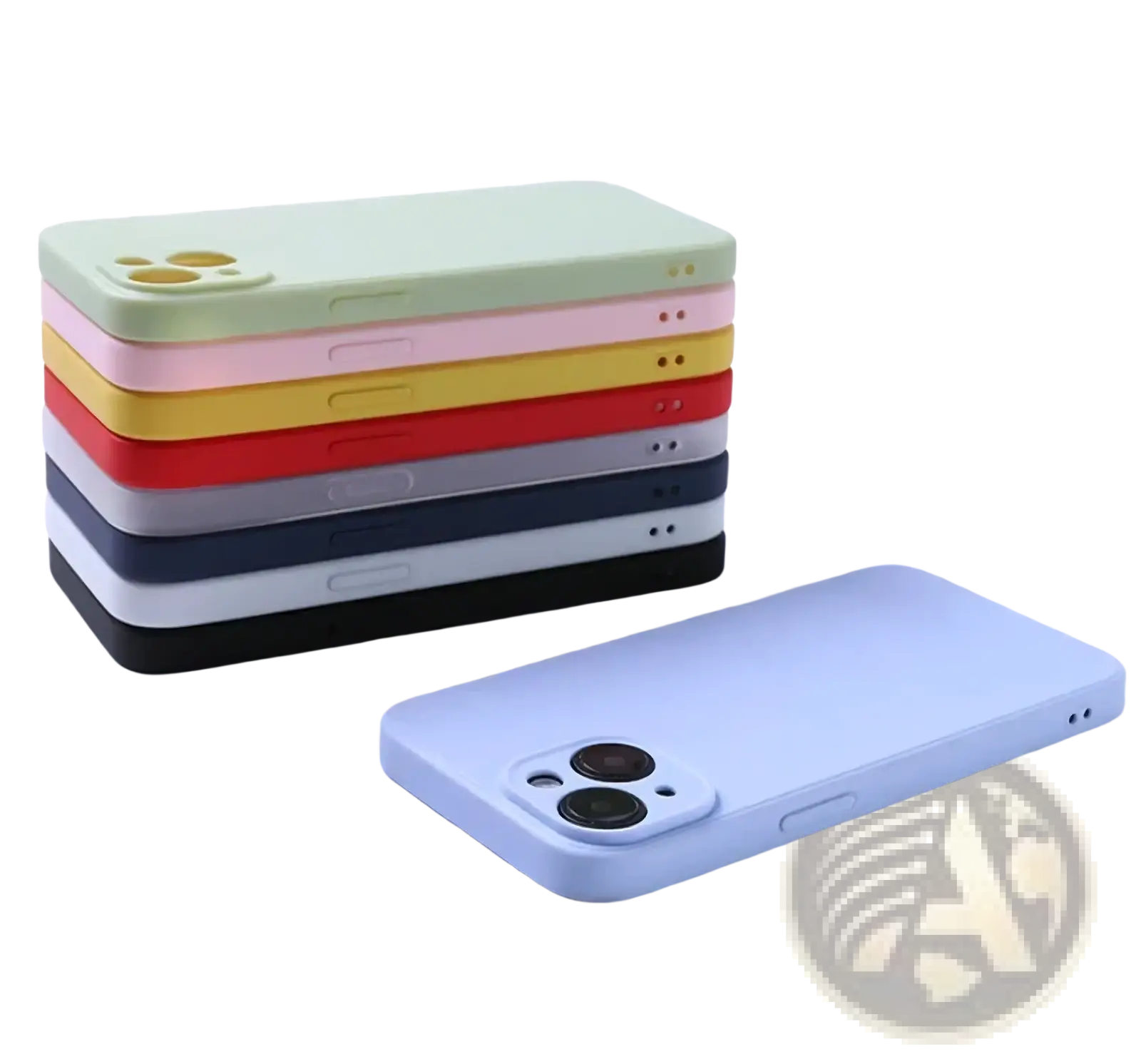 A stack of pastel-colored liquid silicone iPhone cases in soft mint, pink, yellow, and blue hues shown from the back side