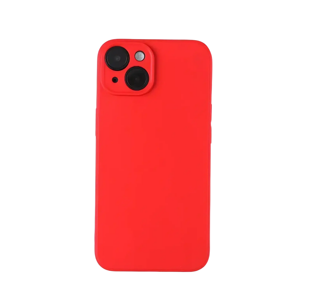 Vibrant red liquid silicone iPhone case with a smooth matte finish and precise camera cutout shown from the back side