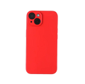 Vibrant red liquid silicone iPhone case with a smooth matte finish and precise camera cutout shown from the back side