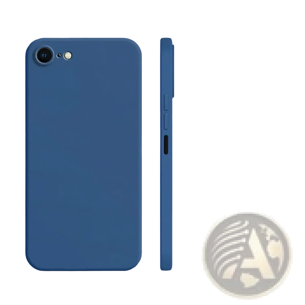 Blue liquid silicone iphone se 2022 shockproof case with matte finish and precise cutouts shown from the back side