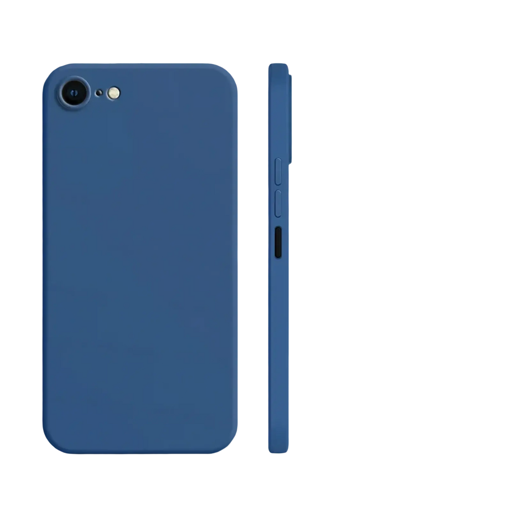 Blue liquid silicone iphone se 2022 shockproof case with matte finish and precise cutouts shown from the back side