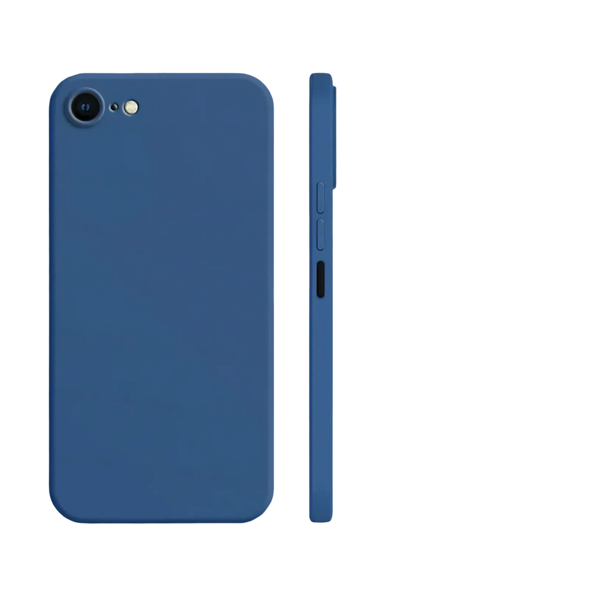 Blue liquid silicone iphone se 2022 shockproof case with matte finish and precise cutouts shown from the back side