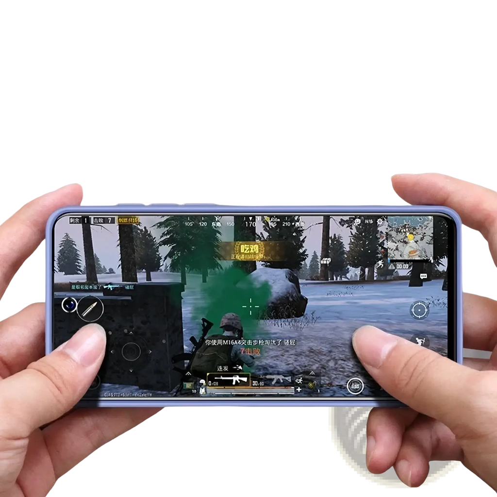 A purple liquid silicone iPhone SE 2022 shockproof case held horizontally displaying a first-person shooter game