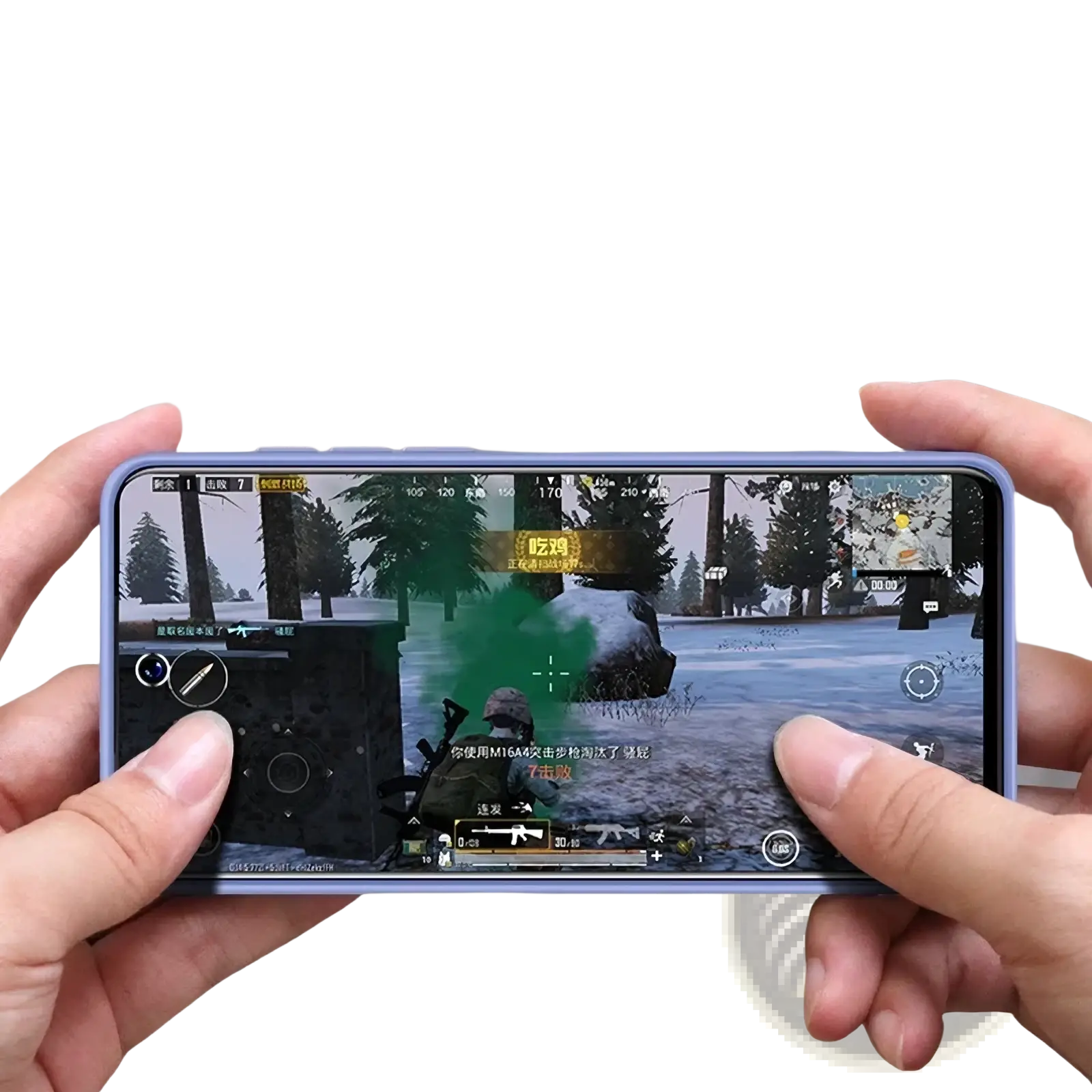 A purple liquid silicone iPhone SE 2022 shockproof case held horizontally displaying a first-person shooter game