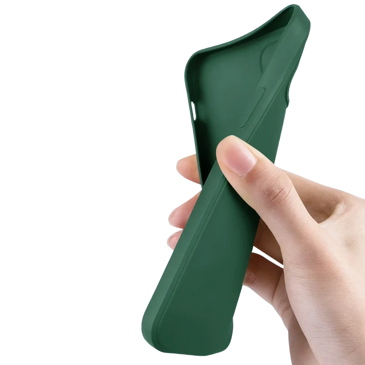 A sleek dark green liquid silicone iphone se 2022 shockproof case made of soft tpu material shown from the back side