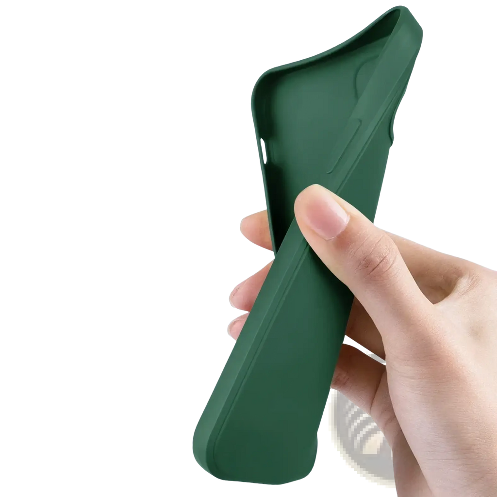 A sleek dark green liquid silicone iphone se 2022 shockproof case made of soft tpu material shown from the back side