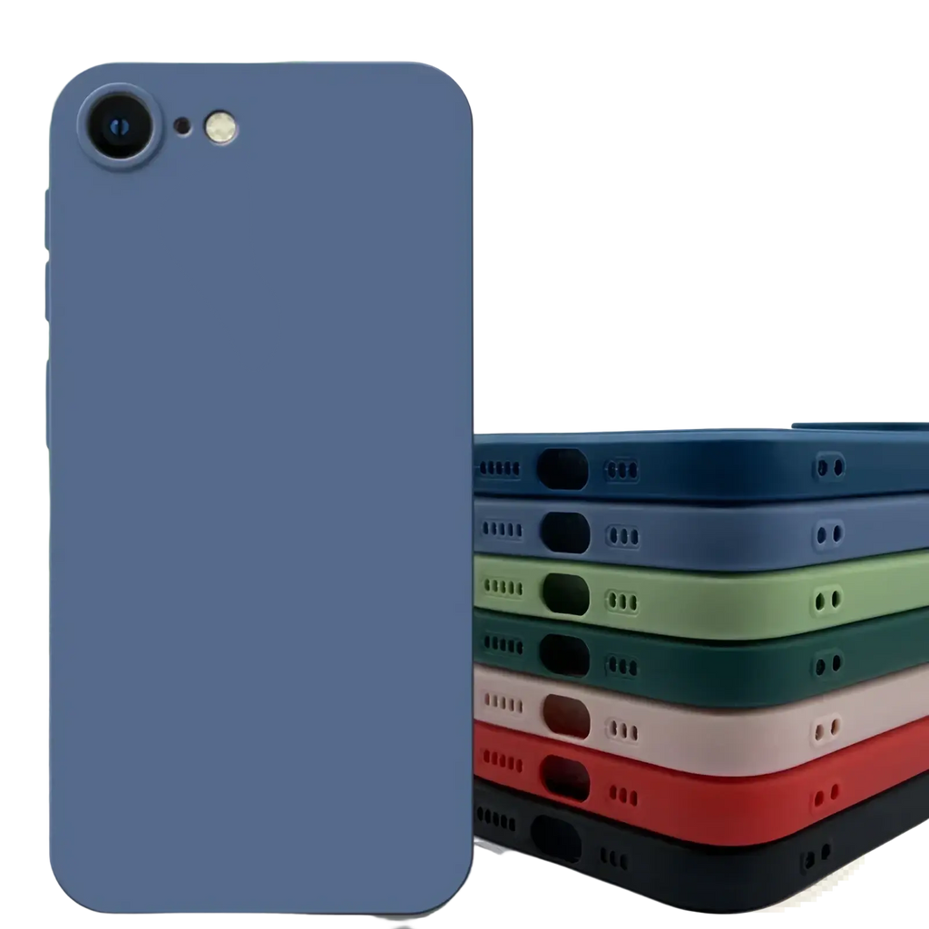 Back side of a sleek matte blue liquid silicone iPhone SE 2022 shockproof case with precise camera and port cutouts