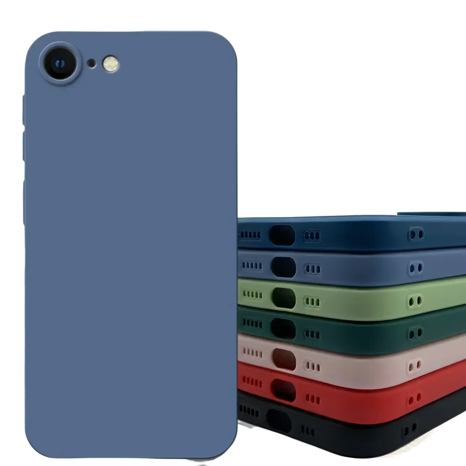 Back side of a sleek matte blue liquid silicone iPhone SE 2022 shockproof case with precise camera and port cutouts