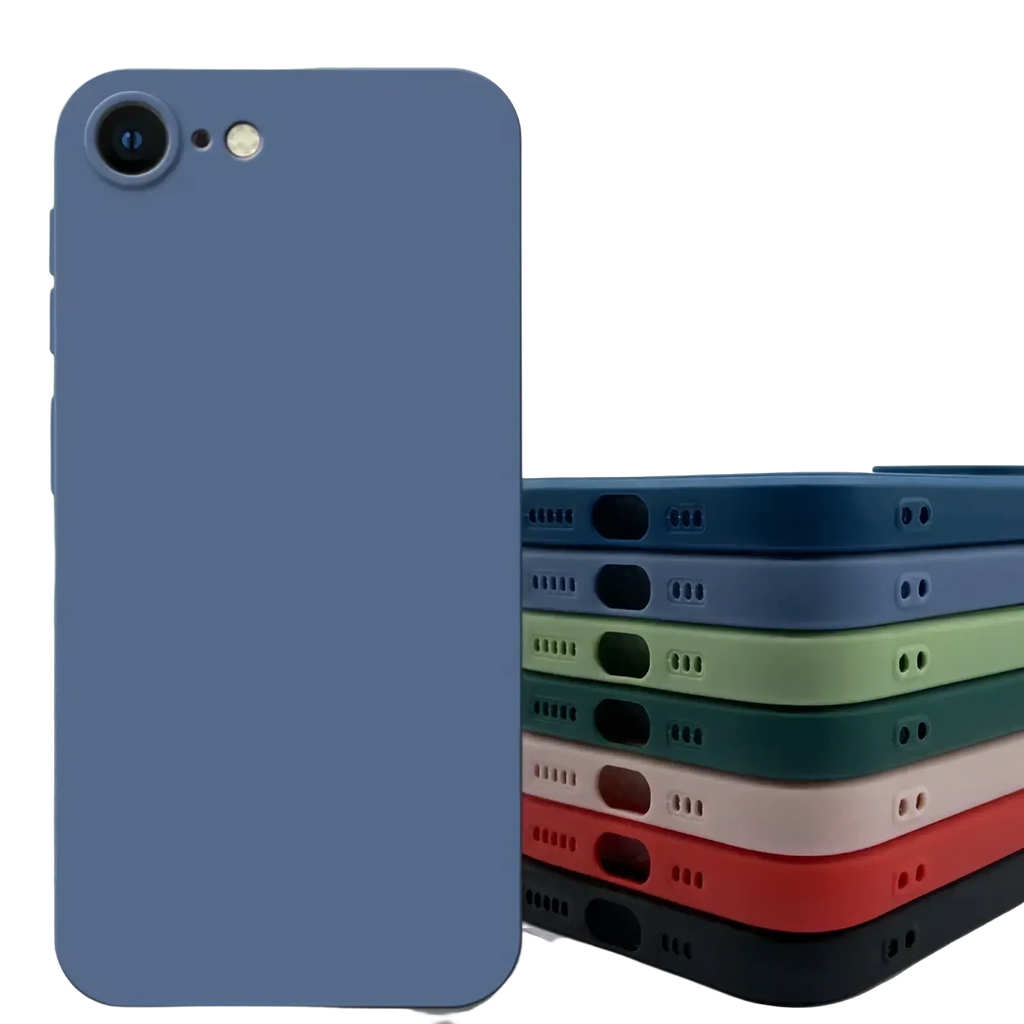 Back side of a sleek matte blue liquid silicone iPhone SE 2022 shockproof case with precise camera and port cutouts