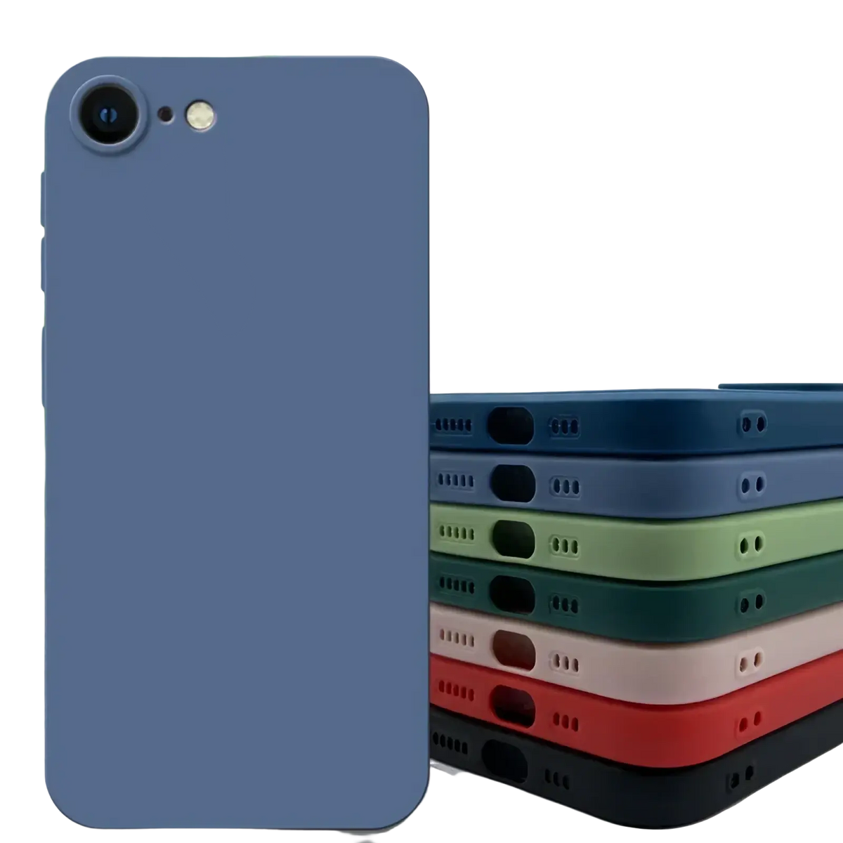 Back side of a sleek matte blue liquid silicone iPhone SE 2022 shockproof case with precise camera and port cutouts