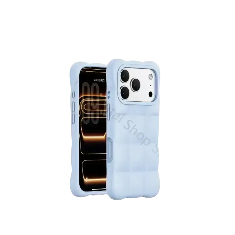 Light blue liquid silicone phone case for phone 17 with subtle textured pattern and precise camera cutouts back side view