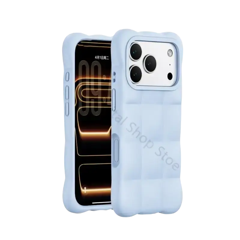 Light blue liquid silicone phone case for phone 17 with quilted texture and raised edges for enhanced protection visible from back