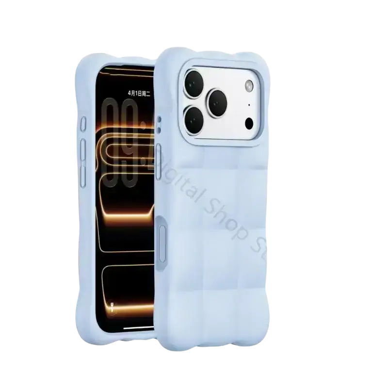 Light blue liquid silicone phone case for phone 17 with quilted texture and precise cutouts on the back side