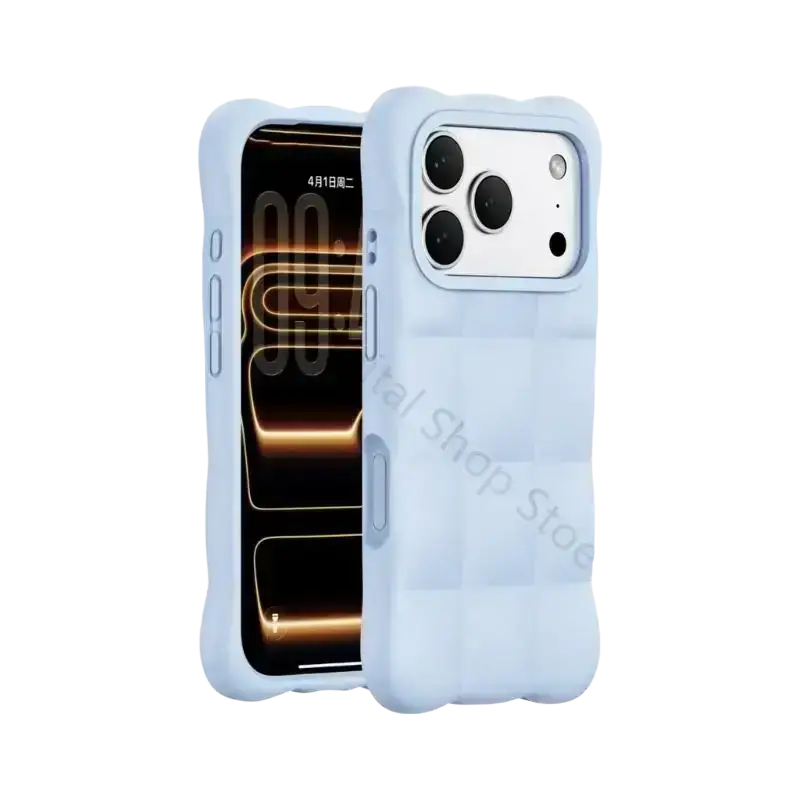 Light blue liquid silicone phone case for Phone 17 with subtle quilted texture and camera cutouts on the back side