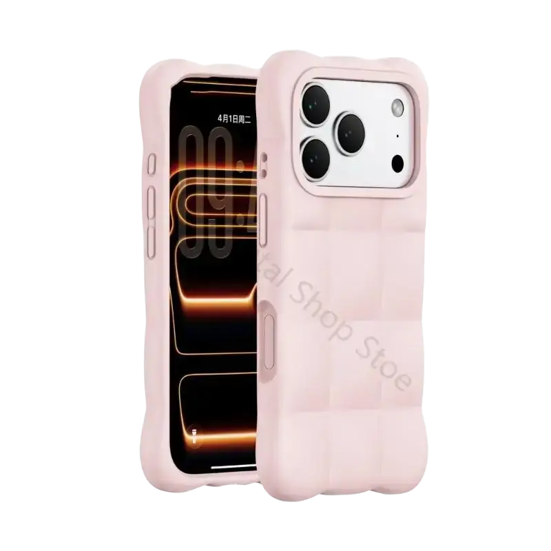 Soft pink liquid silicone phone case with quilted texture and rounded edges for iphone 17 pro model back side