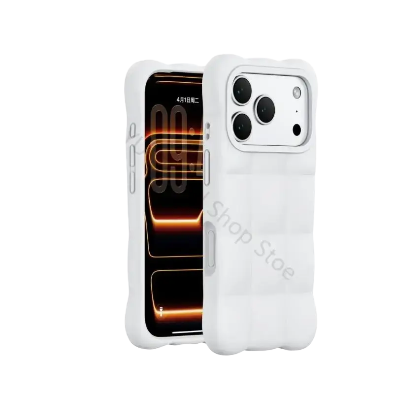 White liquid silicone phone case for phone 17 with textured quilted pattern and raised edges for protection
