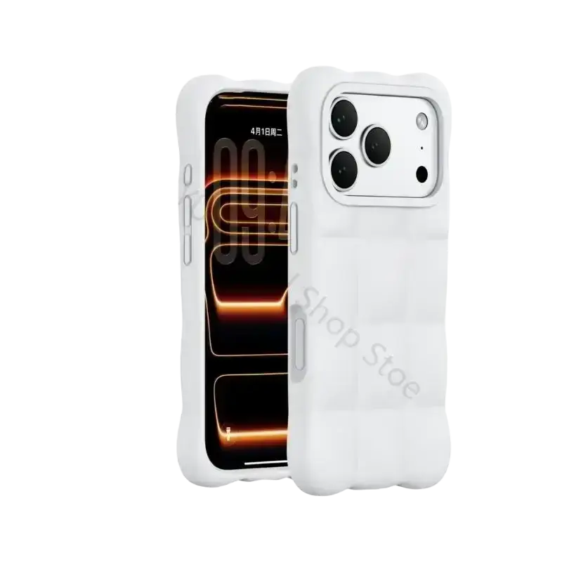 White liquid silicone phone case for Phone 17 with textured grid pattern and precise camera cutouts shown from the back side