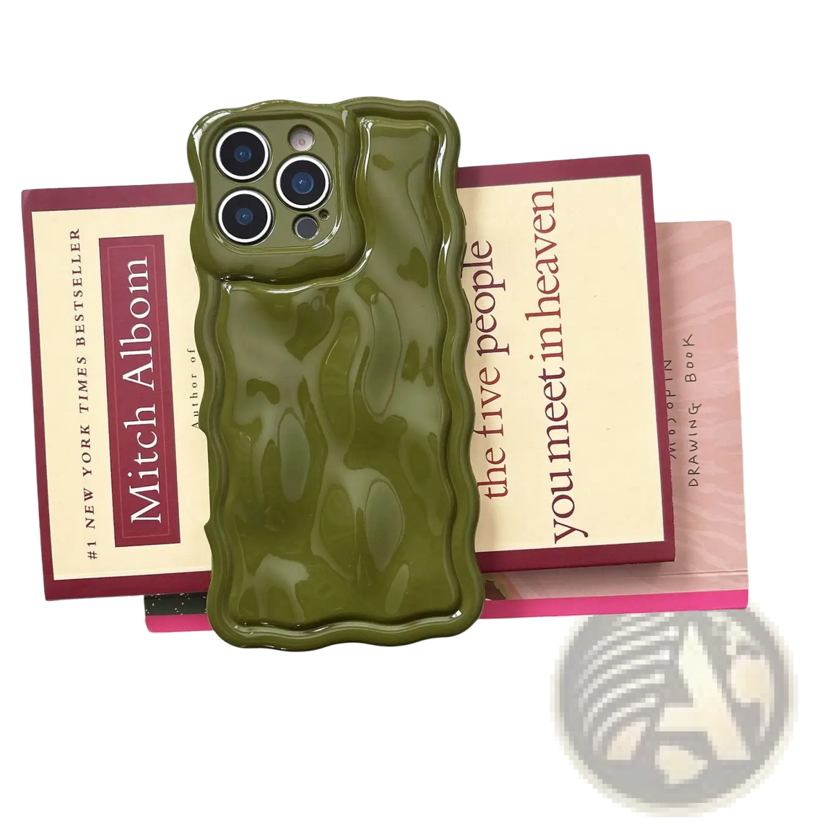 Olive green glossy liquid wave silicone iphone case back with wavy sculpted edges and raised camera cutout