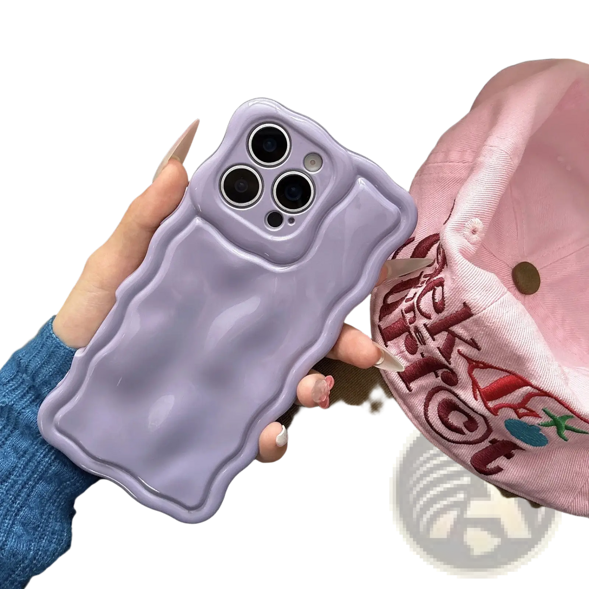 Lavender silicone iphone case with wavy glossy texture and rounded edges shown from the back side